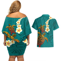 Hawaii Turtle Plumeria Flower Couples Matching Off Shoulder Short Dress and Hawaiian Shirt Polynesian Pattern Turquoise Color LT03 - Polynesian Pride