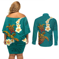 Hawaii Turtle Plumeria Flower Couples Matching Off Shoulder Short Dress and Long Sleeve Button Shirt Polynesian Pattern Turquoise Color