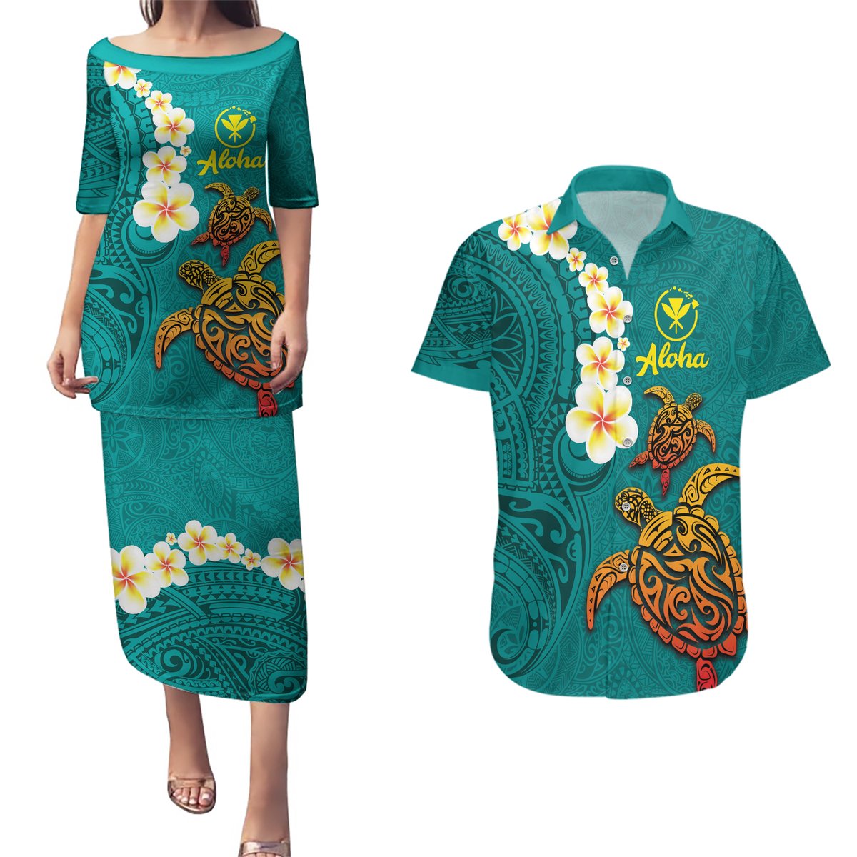 Hawaii Turtle Plumeria Flower Couples Matching Puletasi and Hawaiian Shirt Polynesian Pattern Turquoise Color