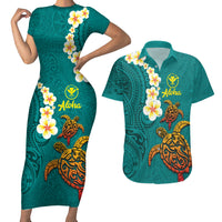 Hawaii Turtle Plumeria Flower Couples Matching Short Sleeve Bodycon Dress and Hawaiian Shirt Polynesian Pattern Turquoise Color LT03 Turquoise - Polynesian Pride