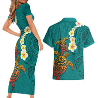 Hawaii Turtle Plumeria Flower Couples Matching Short Sleeve Bodycon Dress and Hawaiian Shirt Polynesian Pattern Turquoise Color LT03 - Polynesian Pride