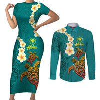 Hawaii Turtle Plumeria Flower Couples Matching Short Sleeve Bodycon Dress and Long Sleeve Button Shirt Polynesian Pattern Turquoise Color LT03 Turquoise - Polynesian Pride