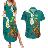 Hawaii Turtle Plumeria Flower Couples Matching Summer Maxi Dress and Hawaiian Shirt Polynesian Pattern Turquoise Color