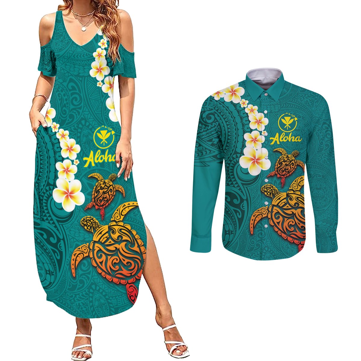 Hawaii Turtle Plumeria Flower Couples Matching Summer Maxi Dress and Long Sleeve Button Shirt Polynesian Pattern Turquoise Color
