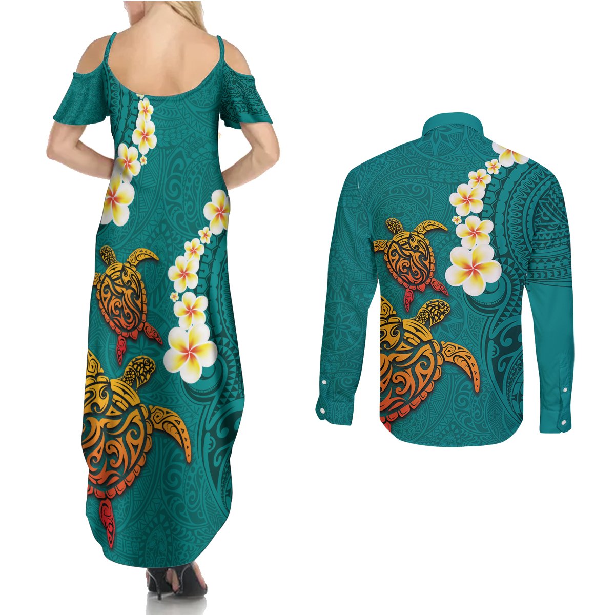 Hawaii Turtle Plumeria Flower Couples Matching Summer Maxi Dress and Long Sleeve Button Shirt Polynesian Pattern Turquoise Color