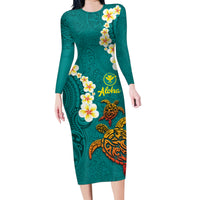 Hawaii Turtle Plumeria Flower Family Matching Long Sleeve Bodycon Dress and Hawaiian Shirt Polynesian Pattern Turquoise Color LT03 Mom's Dress Turquoise - Polynesian Pride