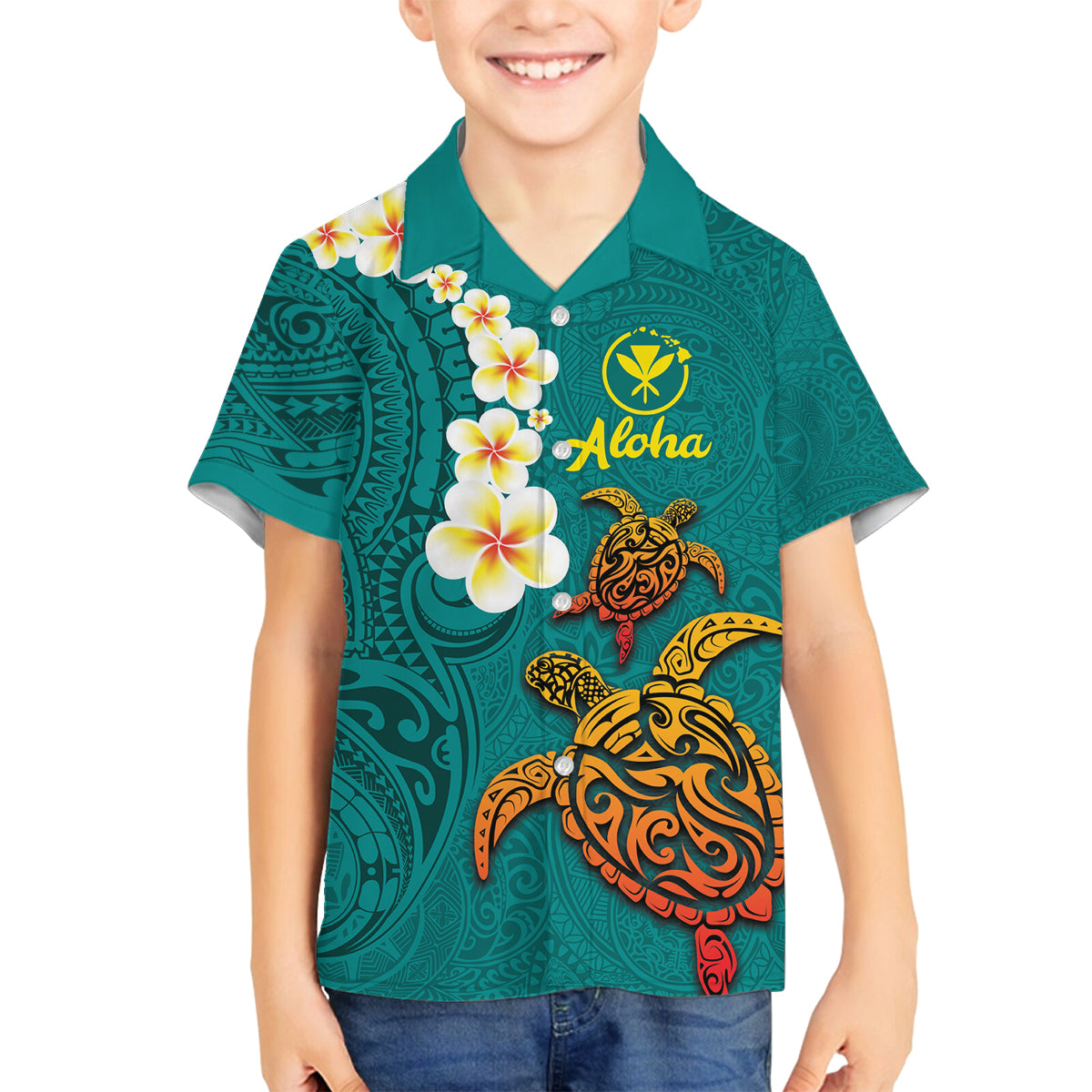 Hawaii Turtle Plumeria Flower Family Matching Long Sleeve Bodycon Dress and Hawaiian Shirt Polynesian Pattern Turquoise Color LT03 Son's Shirt Turquoise - Polynesian Pride