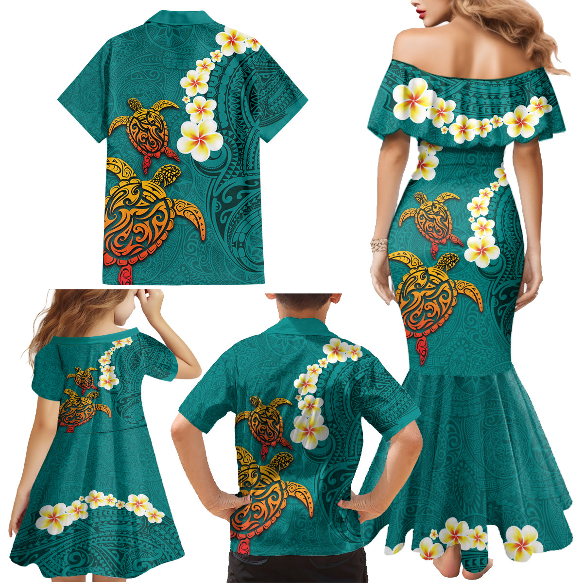 Hawaii Turtle Plumeria Flower Family Matching Mermaid Dress and Hawaiian Shirt Polynesian Pattern Turquoise Color LT03 - Polynesian Pride
