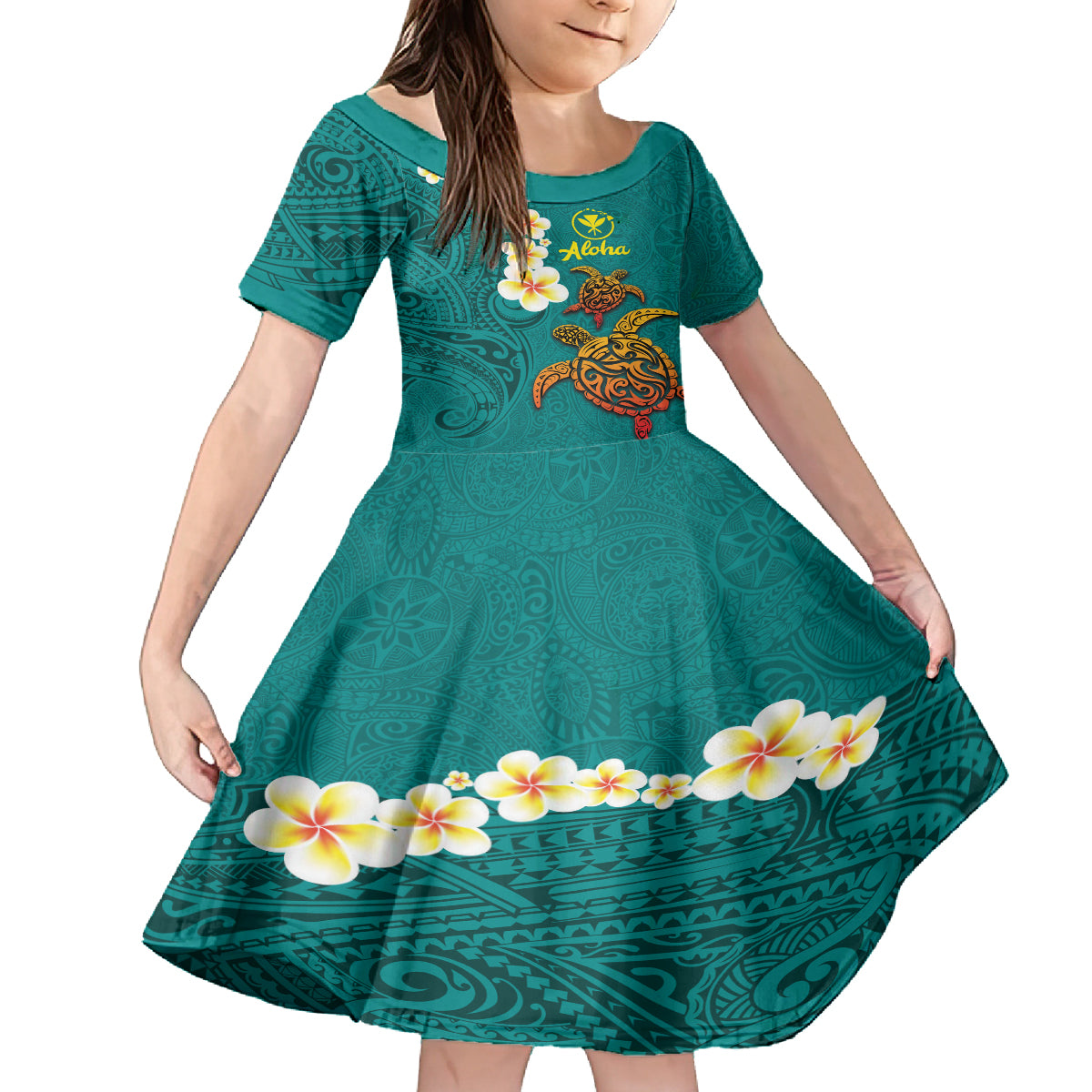 Hawaii Turtle Plumeria Flower Family Matching Off The Shoulder Long Sleeve Dress and Hawaiian Shirt Polynesian Pattern Turquoise Color LT03 Daughter's Dress Turquoise - Polynesian Pride
