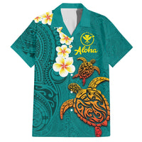 Hawaii Turtle Plumeria Flower Family Matching Off The Shoulder Long Sleeve Dress and Hawaiian Shirt Polynesian Pattern Turquoise Color LT03 Dad's Shirt - Short Sleeve Turquoise - Polynesian Pride