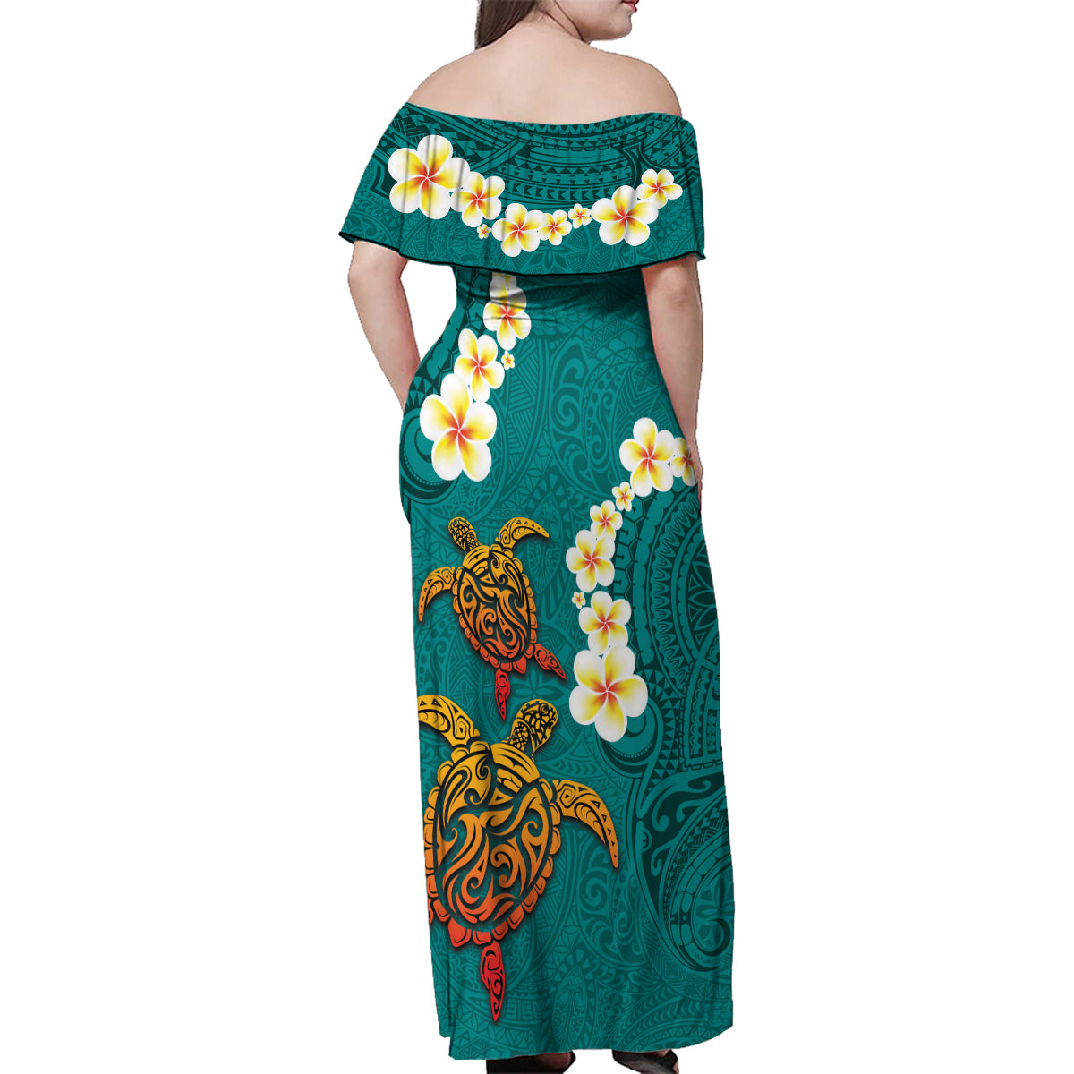 Hawaii Turtle Plumeria Flower Family Matching Off Shoulder Maxi Dress and Hawaiian Shirt Polynesian Pattern Turquoise Color LT03 - Polynesian Pride