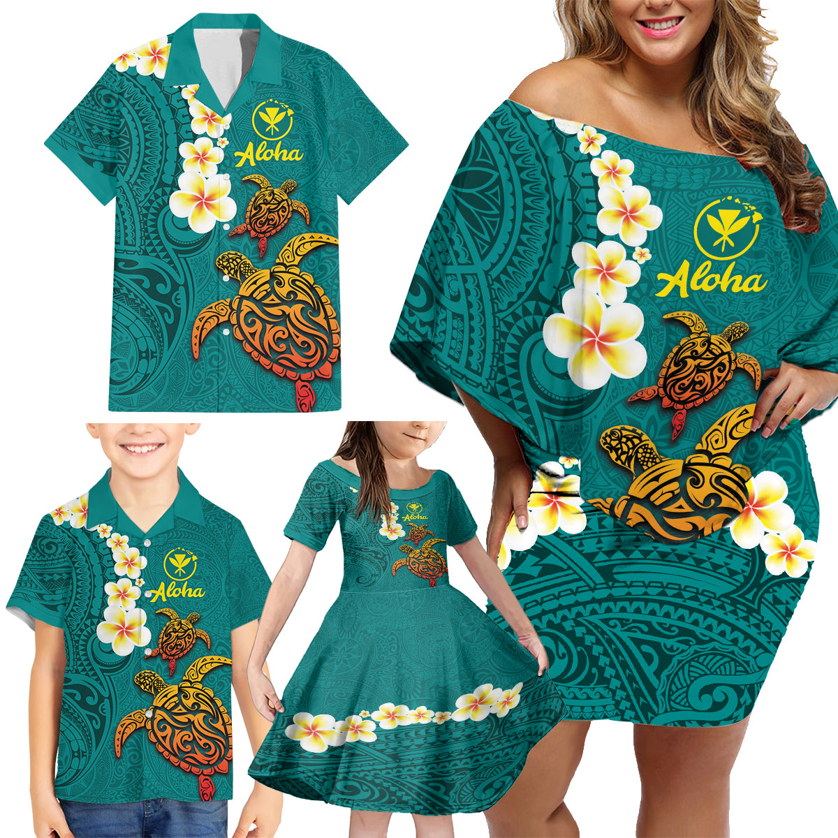 Hawaii Turtle Plumeria Flower Family Matching Off Shoulder Short Dress and Hawaiian Shirt Polynesian Pattern Turquoise Color LT03 - Polynesian Pride