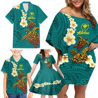 Hawaii Turtle Plumeria Flower Family Matching Off Shoulder Short Dress and Hawaiian Shirt Polynesian Pattern Turquoise Color LT03 - Polynesian Pride