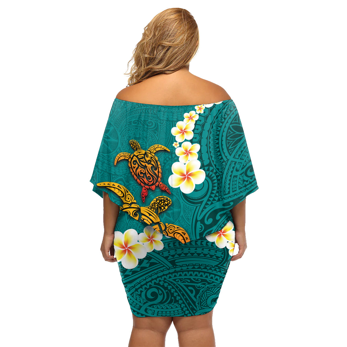 Hawaii Turtle Plumeria Flower Family Matching Off Shoulder Short Dress and Hawaiian Shirt Polynesian Pattern Turquoise Color LT03 - Polynesian Pride