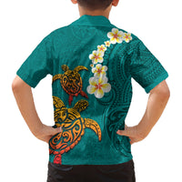 Hawaii Turtle Plumeria Flower Family Matching Puletasi and Hawaiian Shirt Polynesian Pattern Turquoise Color LT03 - Polynesian Pride