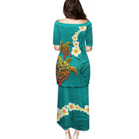 Hawaii Turtle Plumeria Flower Family Matching Puletasi and Hawaiian Shirt Polynesian Pattern Turquoise Color LT03 - Polynesian Pride