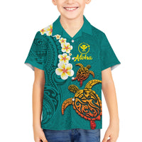 Hawaii Turtle Plumeria Flower Family Matching Puletasi and Hawaiian Shirt Polynesian Pattern Turquoise Color LT03 Son's Shirt Turquoise - Polynesian Pride