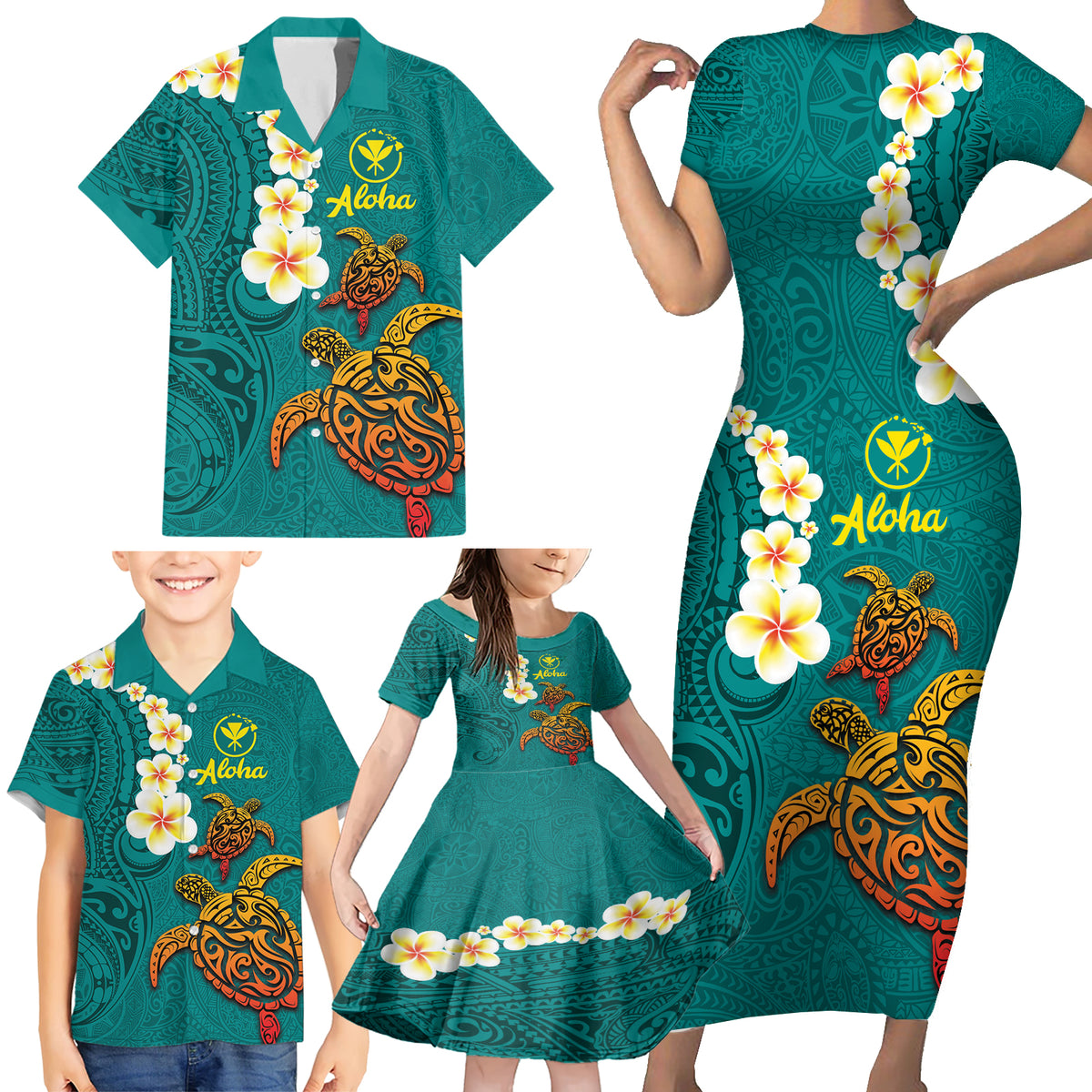 Hawaii Turtle Plumeria Flower Family Matching Short Sleeve Bodycon Dress and Hawaiian Shirt Polynesian Pattern Turquoise Color LT03 - Polynesian Pride