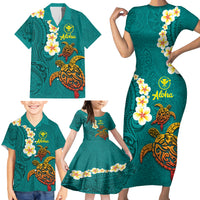 Hawaii Turtle Plumeria Flower Family Matching Short Sleeve Bodycon Dress and Hawaiian Shirt Polynesian Pattern Turquoise Color LT03 - Polynesian Pride