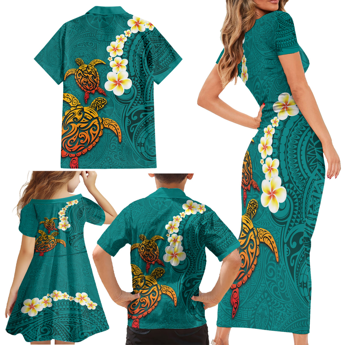 Hawaii Turtle Plumeria Flower Family Matching Short Sleeve Bodycon Dress and Hawaiian Shirt Polynesian Pattern Turquoise Color LT03 - Polynesian Pride