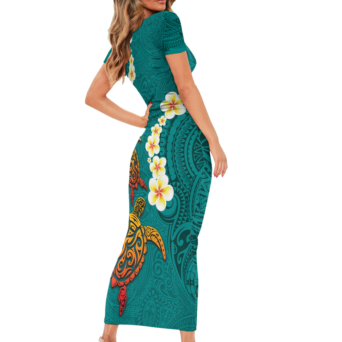 Hawaii Turtle Plumeria Flower Family Matching Short Sleeve Bodycon Dress and Hawaiian Shirt Polynesian Pattern Turquoise Color LT03 - Polynesian Pride