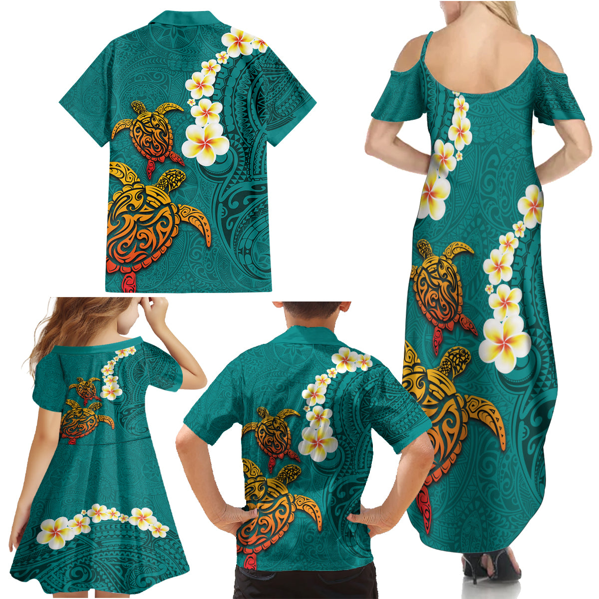 Hawaii Turtle Plumeria Flower Family Matching Summer Maxi Dress and Hawaiian Shirt Polynesian Pattern Turquoise Color LT03 - Polynesian Pride