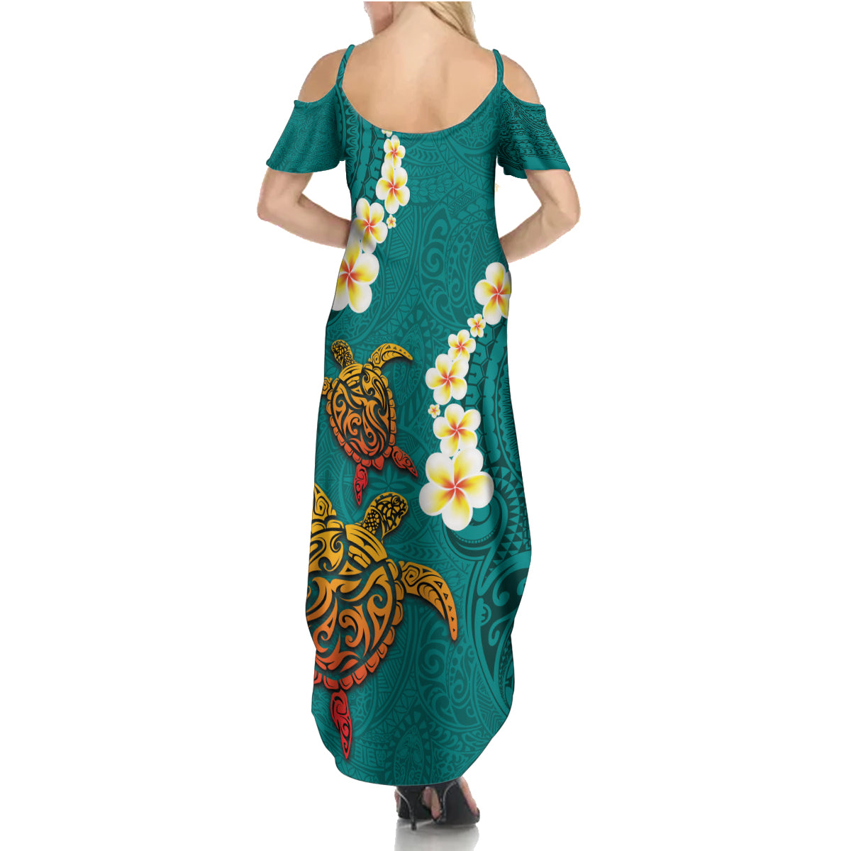 Hawaii Turtle Plumeria Flower Family Matching Summer Maxi Dress and Hawaiian Shirt Polynesian Pattern Turquoise Color LT03 - Polynesian Pride