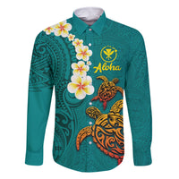 Hawaii Turtle Plumeria Flower Family Matching Tank Maxi Dress and Hawaiian Shirt Polynesian Pattern Turquoise Color LT03 Dad's Shirt - Long Sleeve Turquoise - Polynesian Pride