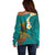 Hawaii Turtle Plumeria Flower Off Shoulder Sweater Polynesian Pattern Turquoise Color