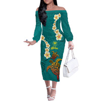 Hawaii Turtle Plumeria Flower Off The Shoulder Long Sleeve Dress Polynesian Pattern Turquoise Color
