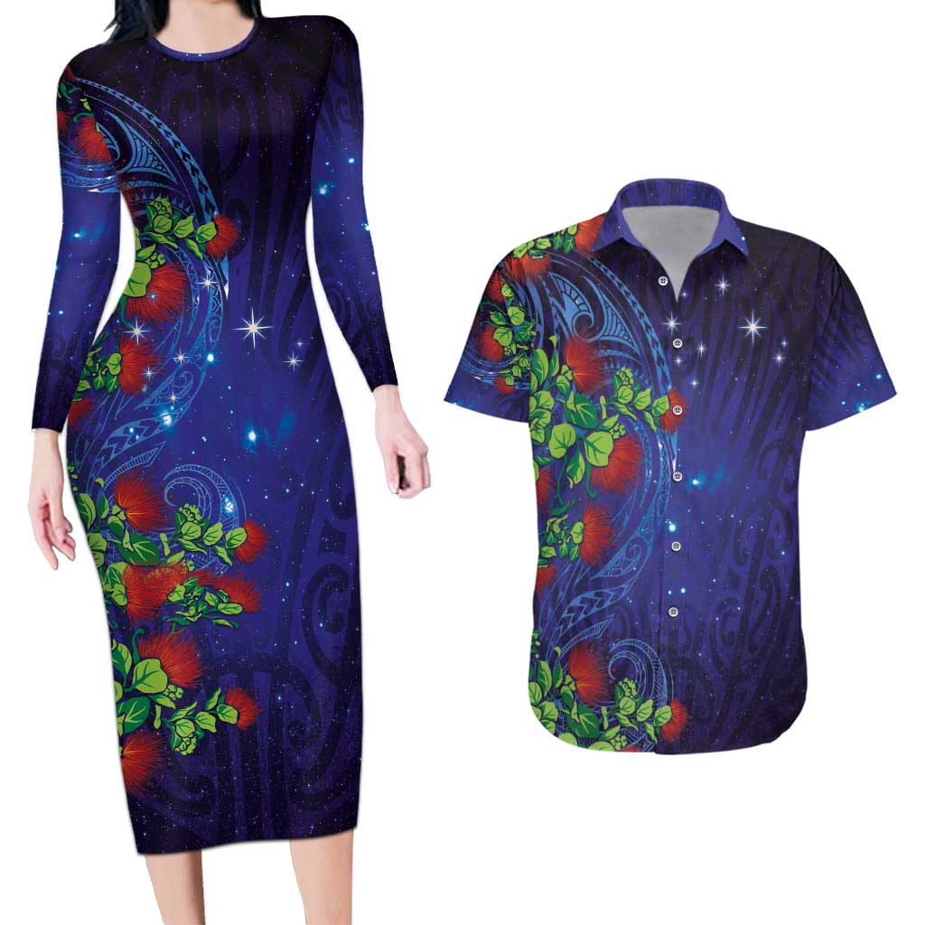 Matariki New Zealand Maori and Pohutukawa Couples Matching Long Sleeve Bodycon Dress and Hawaiian Shirt Galaxy Blue Sky Style LT03 Blue - Polynesian Pride