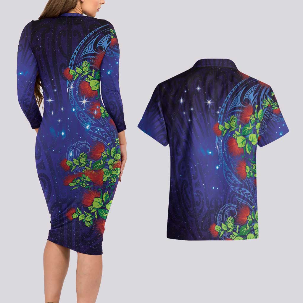 Matariki New Zealand Maori and Pohutukawa Couples Matching Long Sleeve Bodycon Dress and Hawaiian Shirt Galaxy Blue Sky Style LT03 - Polynesian Pride