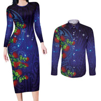 Matariki New Zealand Maori and Pohutukawa Couples Matching Long Sleeve Bodycon Dress and Long Sleeve Button Shirt Galaxy Blue Sky Style LT03 Blue - Polynesian Pride