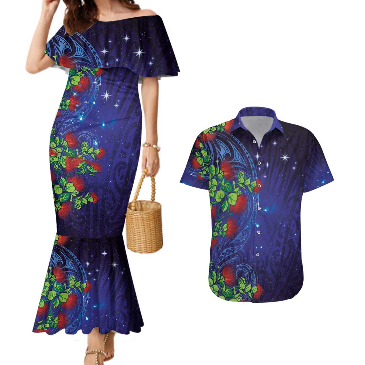 Matariki New Zealand Maori and Pohutukawa Couples Matching Mermaid Dress and Hawaiian Shirt Galaxy Blue Sky Style LT03 Blue - Polynesian Pride