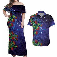 Matariki New Zealand Maori and Pohutukawa Couples Matching Off Shoulder Maxi Dress and Hawaiian Shirt Galaxy Blue Sky Style LT03 Blue - Polynesian Pride