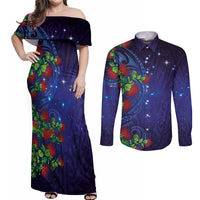 Matariki New Zealand Maori and Pohutukawa Couples Matching Off Shoulder Maxi Dress and Long Sleeve Button Shirt Galaxy Blue Sky Style LT03 Blue - Polynesian Pride