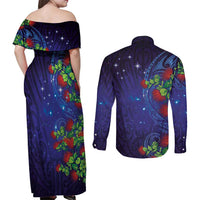 Matariki New Zealand Maori and Pohutukawa Couples Matching Off Shoulder Maxi Dress and Long Sleeve Button Shirt Galaxy Blue Sky Style LT03 - Polynesian Pride