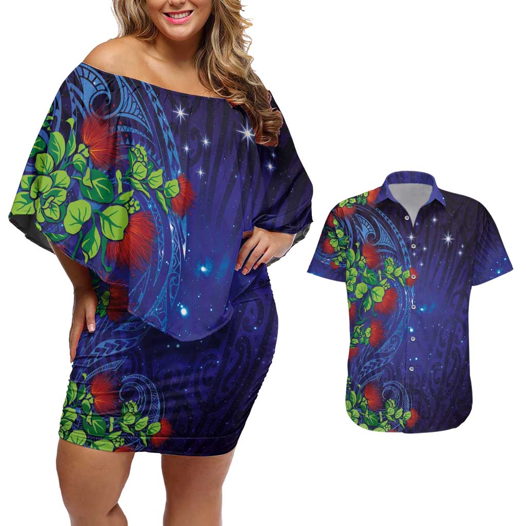 Matariki New Zealand Maori and Pohutukawa Couples Matching Off Shoulder Short Dress and Hawaiian Shirt Galaxy Blue Sky Style LT03 Blue - Polynesian Pride