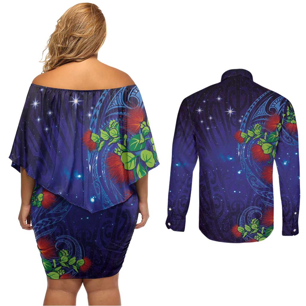 Matariki New Zealand Maori and Pohutukawa Couples Matching Off Shoulder Short Dress and Long Sleeve Button Shirt Galaxy Blue Sky Style LT03 - Polynesian Pride