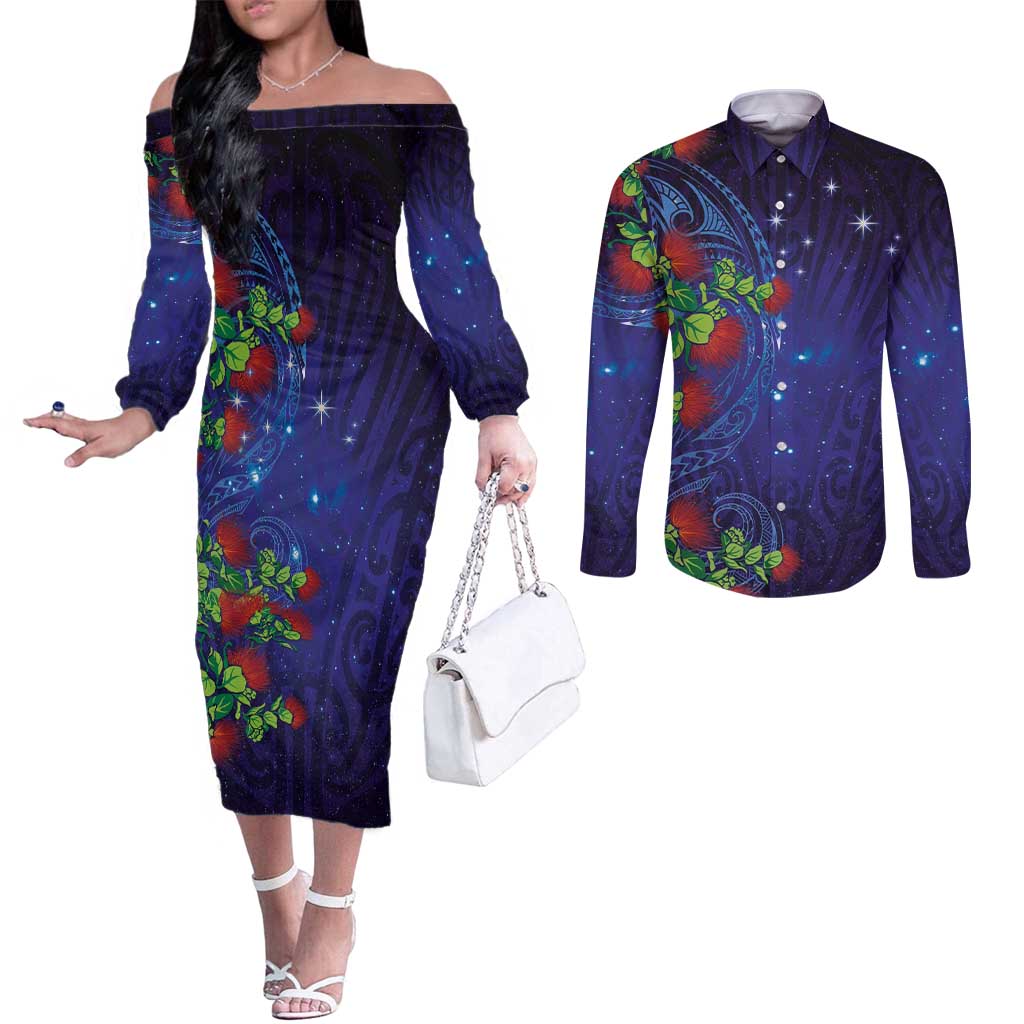 Matariki New Zealand Maori and Pohutukawa Couples Matching Off The Shoulder Long Sleeve Dress and Long Sleeve Button Shirt Galaxy Blue Sky Style LT03 Blue - Polynesian Pride