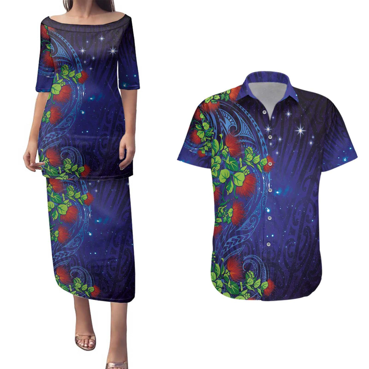 Matariki New Zealand Maori and Pohutukawa Couples Matching Puletasi and Hawaiian Shirt Galaxy Blue Sky Style LT03 Blue - Polynesian Pride