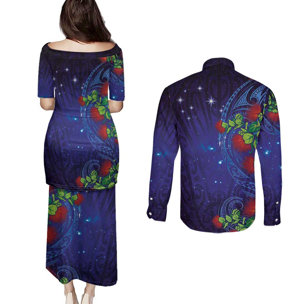 Matariki New Zealand Maori and Pohutukawa Couples Matching Puletasi and Long Sleeve Button Shirt Galaxy Blue Sky Style LT03 - Polynesian Pride