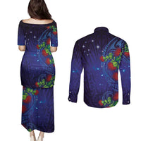 Matariki New Zealand Maori and Pohutukawa Couples Matching Puletasi and Long Sleeve Button Shirt Galaxy Blue Sky Style LT03 - Polynesian Pride