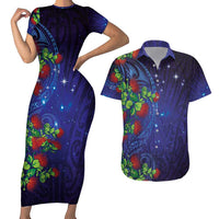 Matariki New Zealand Maori and Pohutukawa Couples Matching Short Sleeve Bodycon Dress and Hawaiian Shirt Galaxy Blue Sky Style LT03 Blue - Polynesian Pride