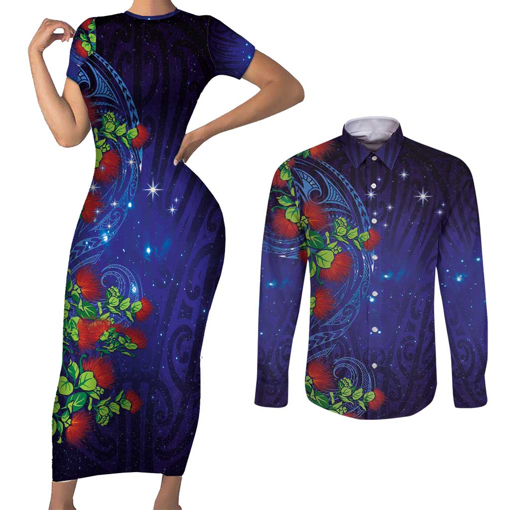 Matariki New Zealand Maori and Pohutukawa Couples Matching Short Sleeve Bodycon Dress and Long Sleeve Button Shirt Galaxy Blue Sky Style LT03 Blue - Polynesian Pride
