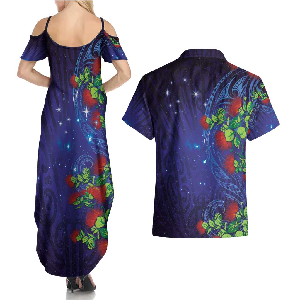 Matariki New Zealand Maori and Pohutukawa Couples Matching Summer Maxi Dress and Hawaiian Shirt Galaxy Blue Sky Style LT03 - Polynesian Pride