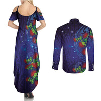 Matariki New Zealand Maori and Pohutukawa Couples Matching Summer Maxi Dress and Long Sleeve Button Shirt Galaxy Blue Sky Style LT03 - Polynesian Pride