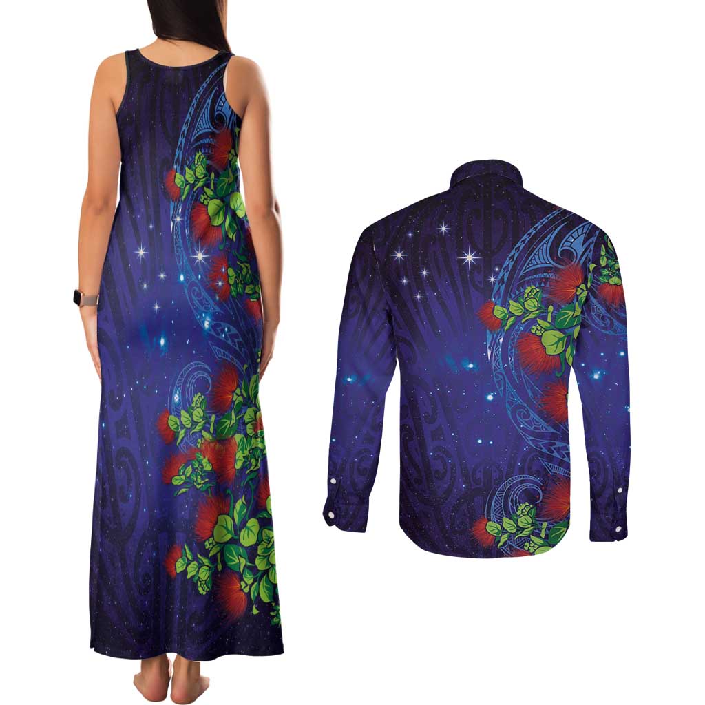 Matariki New Zealand Maori and Pohutukawa Couples Matching Tank Maxi Dress and Long Sleeve Button Shirt Galaxy Blue Sky Style LT03 - Polynesian Pride