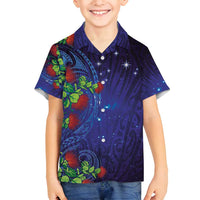 Matariki New Zealand Maori and Pohutukawa Family Matching Long Sleeve Bodycon Dress and Hawaiian Shirt Galaxy Blue Sky Style LT03 Son's Shirt Blue - Polynesian Pride
