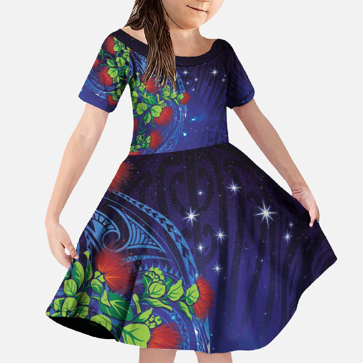 Matariki New Zealand Maori and Pohutukawa Family Matching Off The Shoulder Long Sleeve Dress and Hawaiian Shirt Galaxy Blue Sky Style LT03 Daughter's Dress Blue - Polynesian Pride
